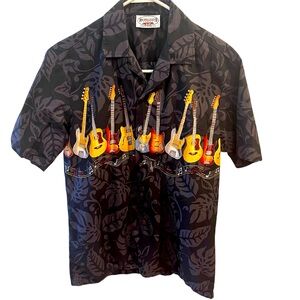 Black and Gray Tropical Hawaiian Shirt with a Guitar Border on the Front/Back. M